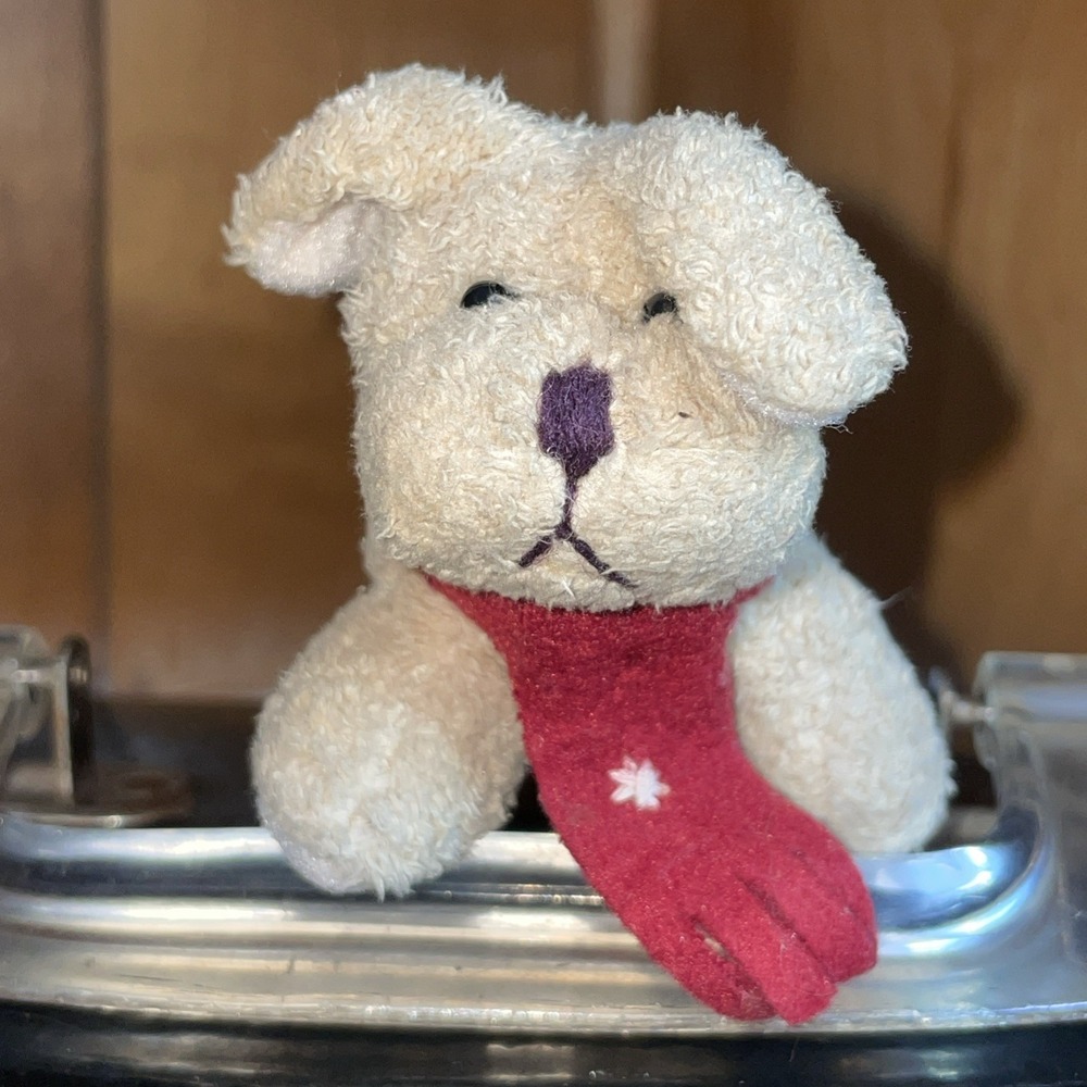 2002 Vintage Tiny (5") Tan Winter Dog with Maroon Snowflake Scarf